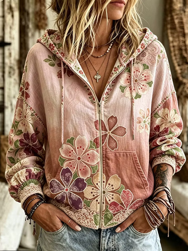 Loose Vintage Hoodie - Gradient Floral Print Dropped-Sleeve Zipper