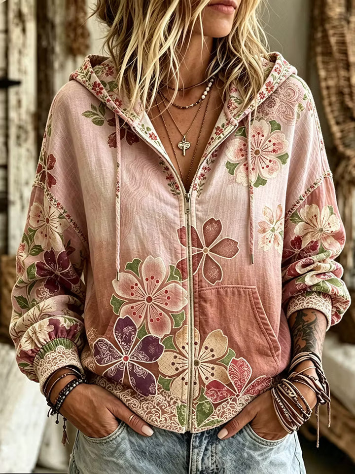 Loose Vintage Hoodie - Gradient Floral Print Dropped-Sleeve Zipper