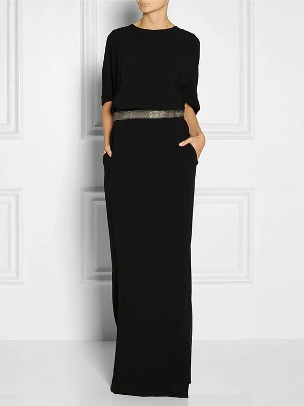 VESTIDO MAXI SOLTO MEIA MANGA COM PEDRARIA RHINESTONE E BAINHA DIVIDIDA