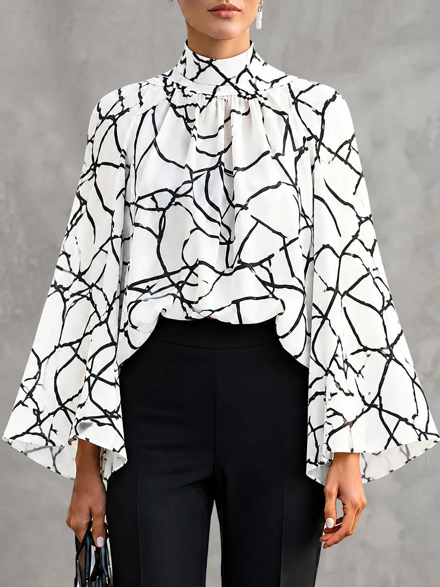 Blusa Chiffon Manga Larga Acampanada Con Cuello Alto Estampado Contrastante Transparente Y Abertura Lateral