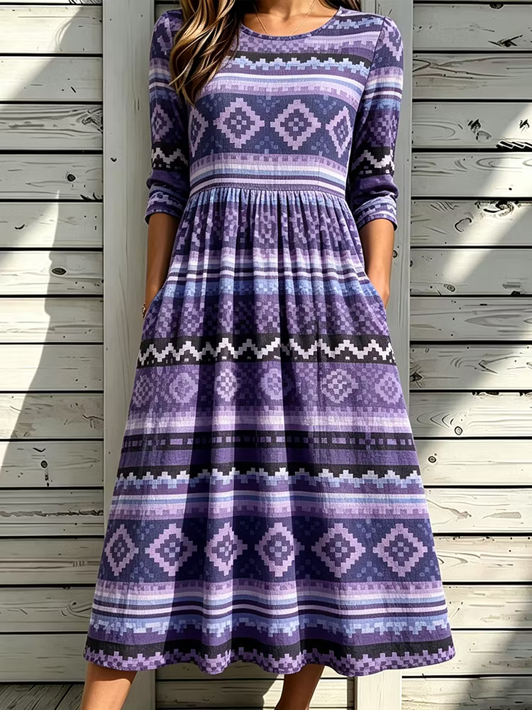 Vestido Midi Boho Con Cuello Redondo - Estampado Tribal Azteca Geométrico Vintage