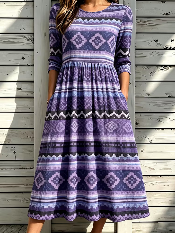 Vestido Midi Boho Con Cuello Redondo - Estampado Tribal Azteca Geométrico Vintage
