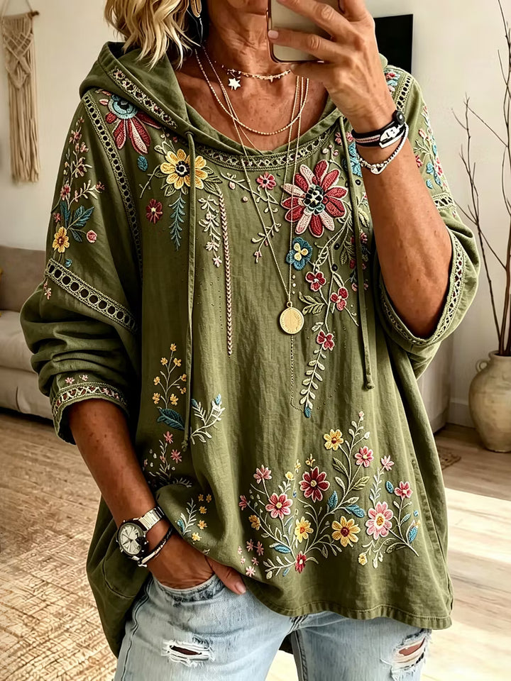 Blusa Femenina Con Capucha En Algodón Y Lino Con Estampado Floral Retro