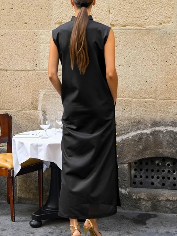 Vestido Maxi Camisero Sin Mangas Con Botones, Color Liso, Abertura Lateral Y Cuello Mao