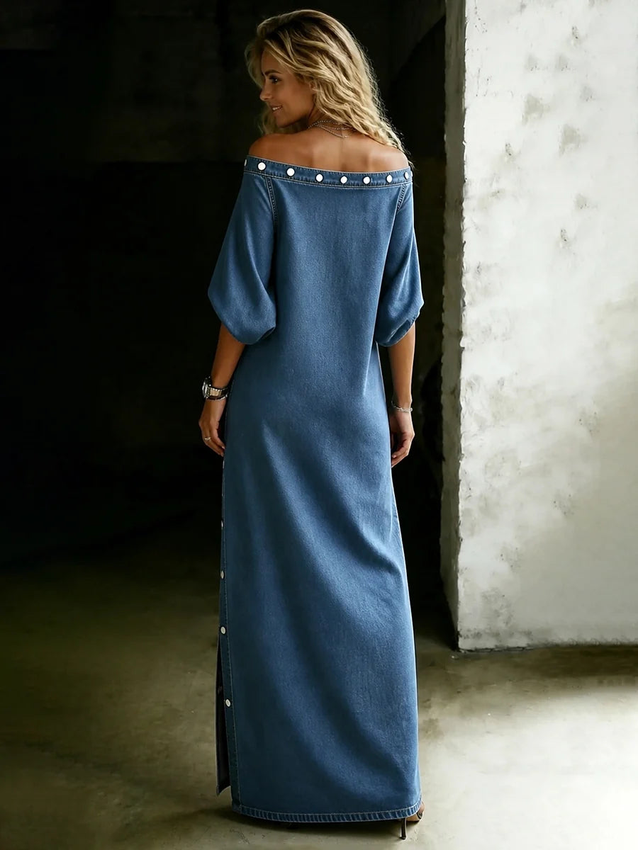 Solid Color Off-the-Shoulder Maxi Dress with Pockets and Three-Quarter Sleeves