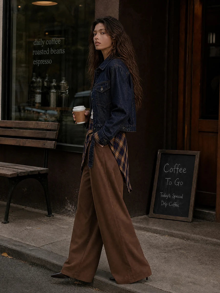 Pantalón De Pierna Ancha Con Estampado A Cuadros, Cintura Alta Y Bolsillos
