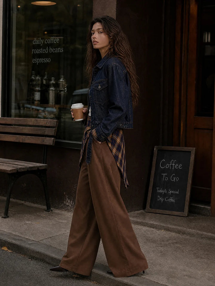 Pantalón De Pierna Ancha Con Estampado A Cuadros, Cintura Alta Y Bolsillos