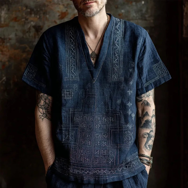 Camisa de linho vintage japonesa Sashiko para homem