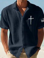 Camisa de lino de manga corta con estampado de cruz fe