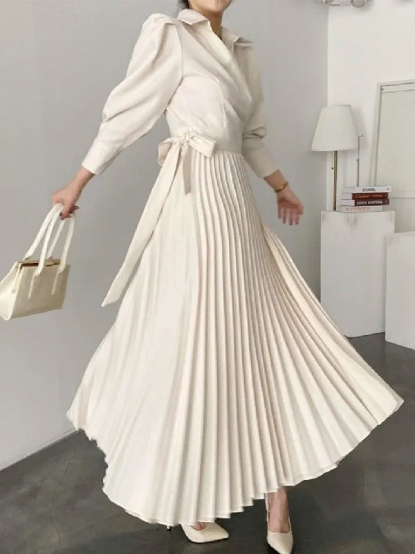 Vestido Maxi Camisero Asimétrico Plisado Con Solapa En Color Sólido