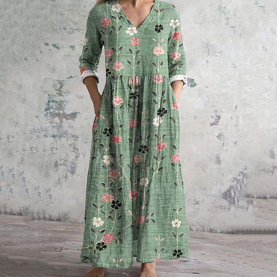 VESTIDO FEMENINO DE LINO CON ESTAMPADO FLORAL VINTAGE