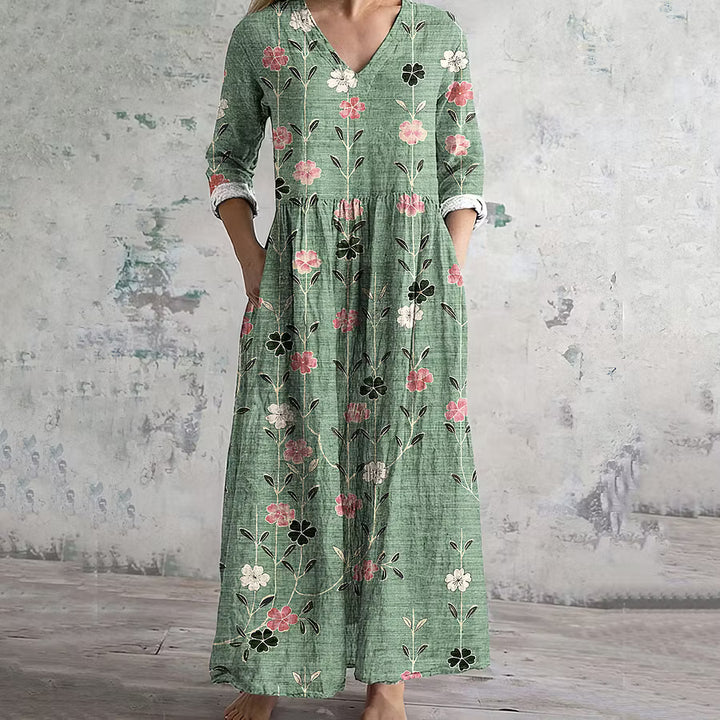 VESTIDO FEMENINO DE LINO CON ESTAMPADO FLORAL VINTAGE
