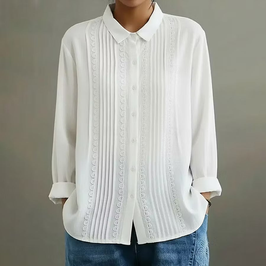 BLUSA FEMENINA CASUAL CON BOTONES EN LINO MIXTO Y DETALLES DE ENCAJE