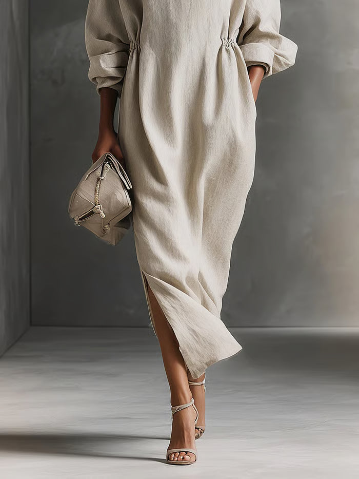 VESTIDO MIDI BEIGE HOLGADO CON ESCOTE EN V ABIERTO Y FRUNCIDO EN CINTURA