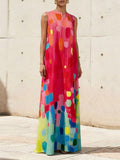 Vestido maxi suelto sin mangas escote en v estampado color contrastante
