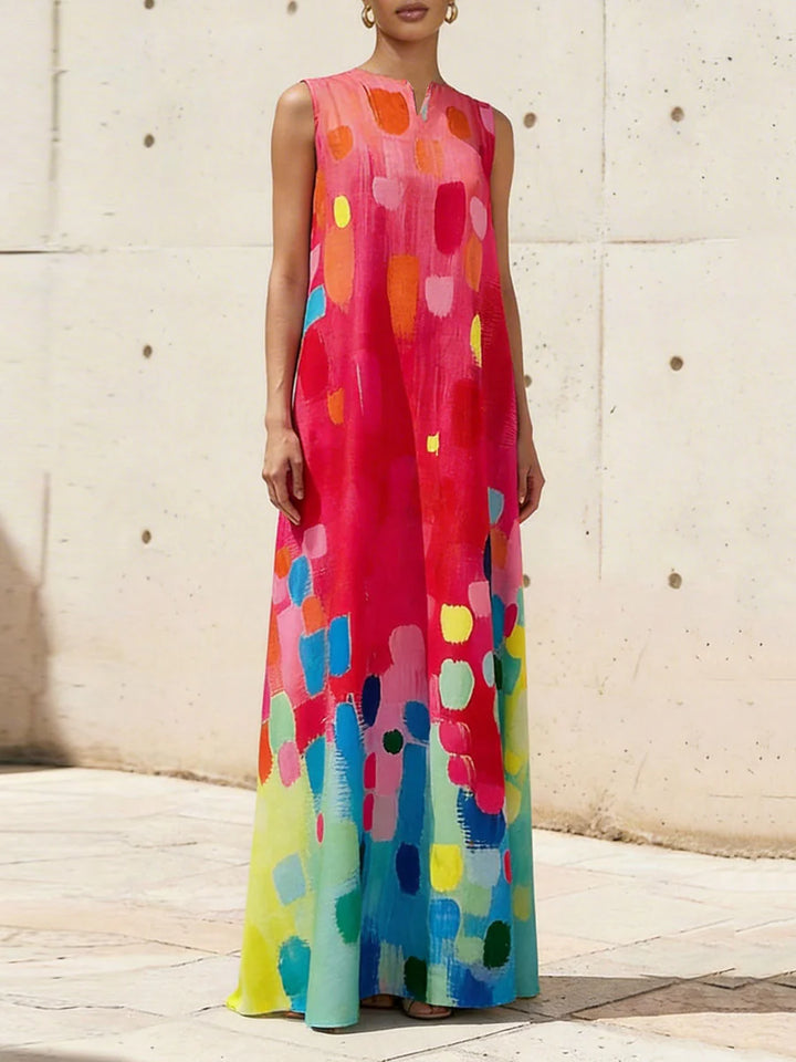 Vestido Maxi Solto Sem Mangas Decote Em V Padrão De Cores Contrastantes