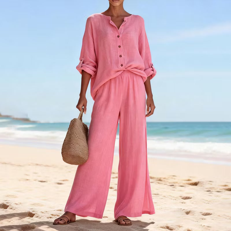 CONJUNTO FEMENINO VINTAGE DE DOS PIEZAS EN LINO: CAMISA Y PANTALÓN