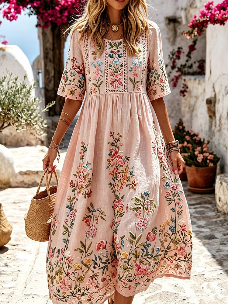 Vestido Maxi Manga Corta Con Cuello Redondo Y Arte De Bordado Floral Informal En Algodón