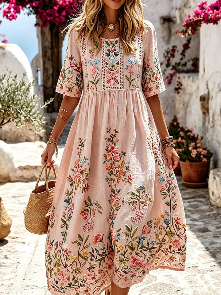 Vestido Maxi Manga Corta Con Cuello Redondo Y Arte De Bordado Floral Informal En Algodón