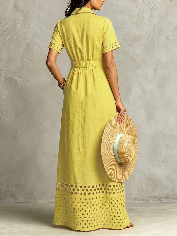Vestido Maxi Holgado De Manga Corta Con Abertura Frontal, Bolsillos, Calado Y Botones