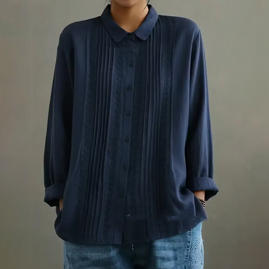 BLUSA FEMENINA CASUAL CON BOTONES EN LINO MIXTO Y DETALLES DE ENCAJE