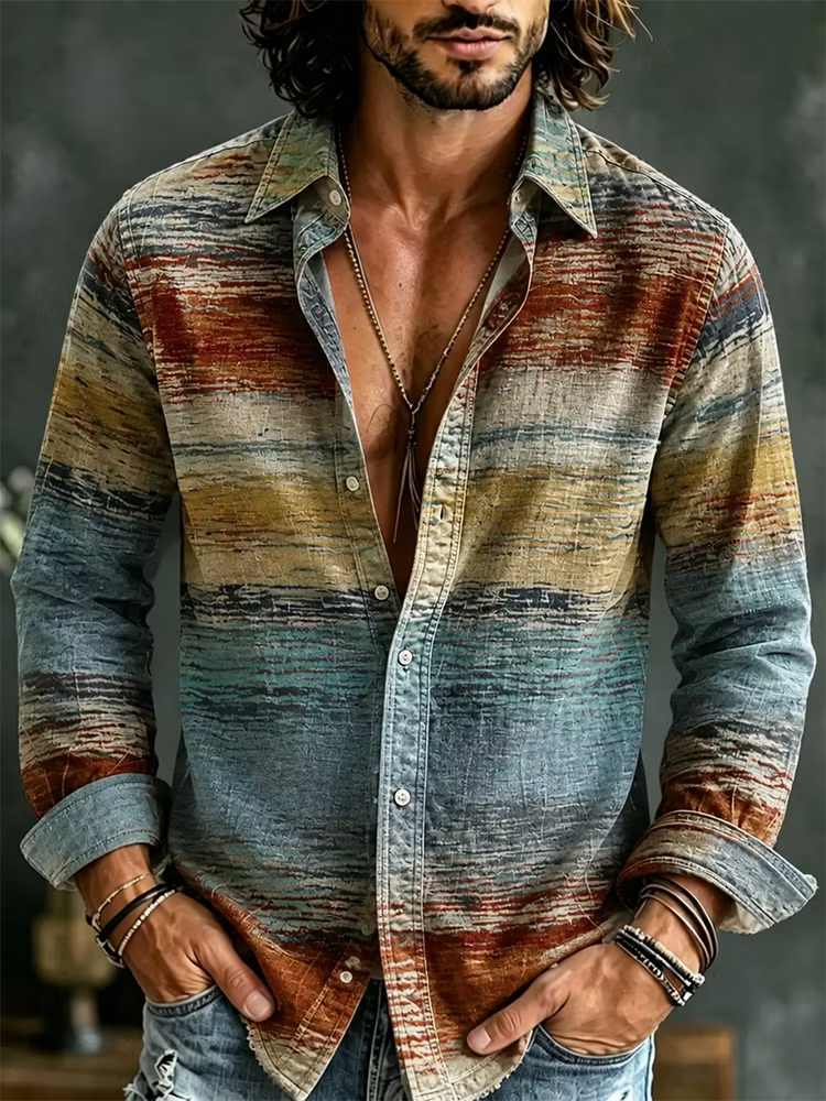 Camisa de Homem Manga Comprida Riscas Terrosas Retro Mistura Linho
