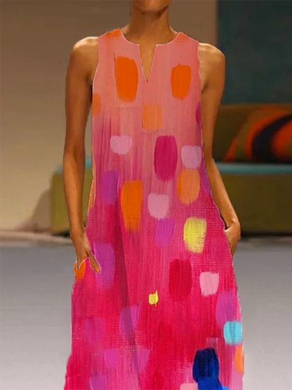 Vestido maxi suelto sin mangas escote en v estampado color contrastante