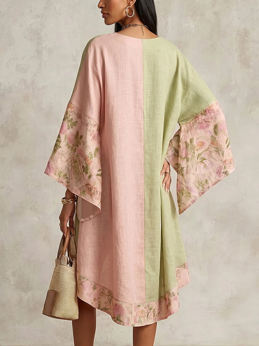 Vestido Midi Floral Suelto Con Manga Tres Cuartos Y Colores Contrastantes
