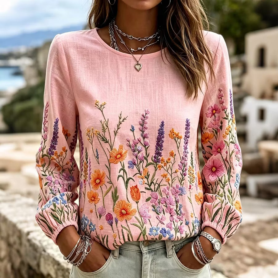Blusa vintage floral casual de algodón y lino con cuello redondo y manga larga