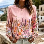 Blusa vintage floral casual de algodón y lino con cuello redondo y manga larga