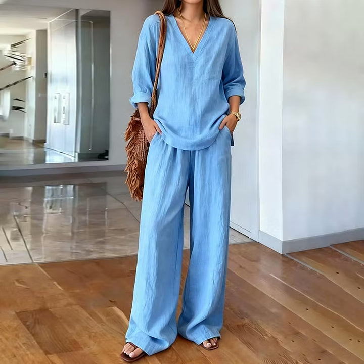 Two-Piece Set: Long Sleeve V-Neck Top and Retro Style Cotton Pants with Pockets