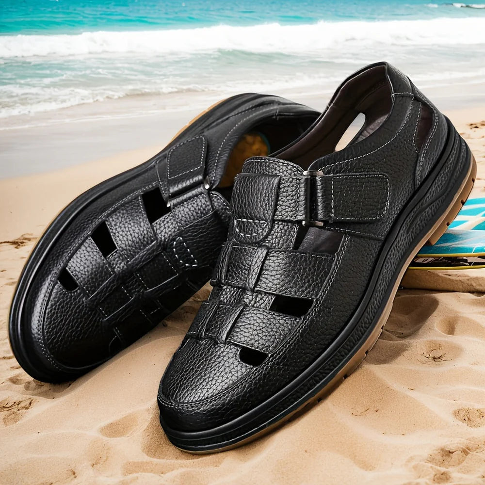 Sandalias De Verano Masculinas En Piel Con Puntera Cerrada