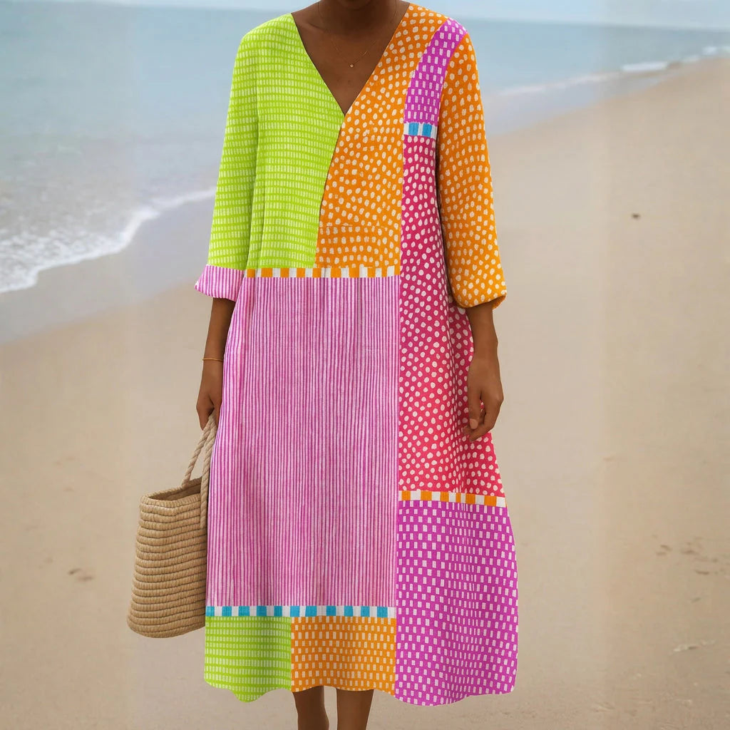 Fátima - Vestido Patchwork Colorido Con Lunares Y Rayas