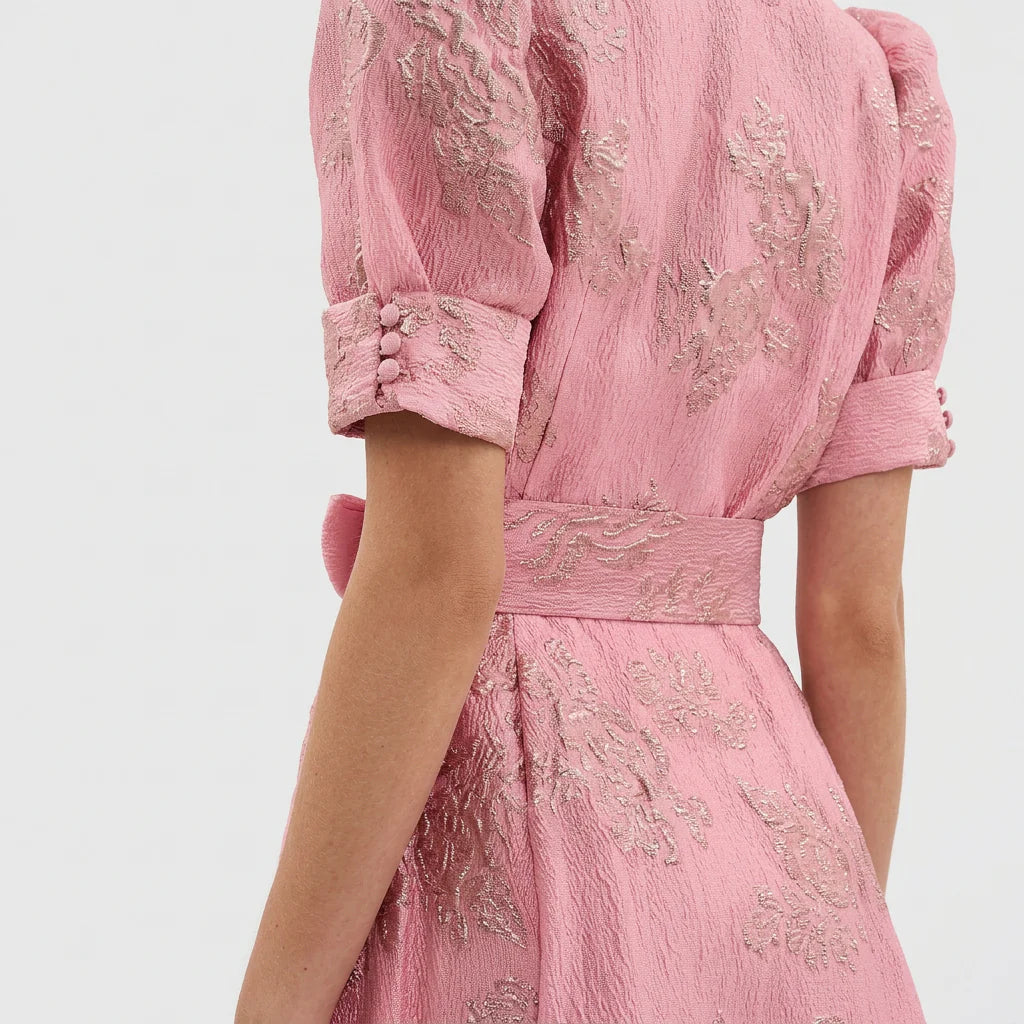 Matilde - Vestido Comprido Jacquard Floral Com Cinto