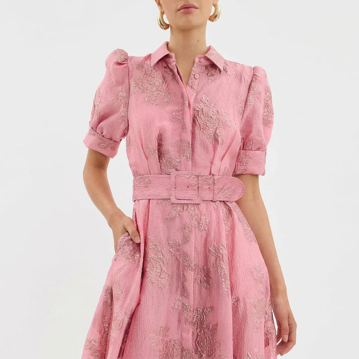 Matilde - Vestido Comprido Jacquard Floral Com Cinto