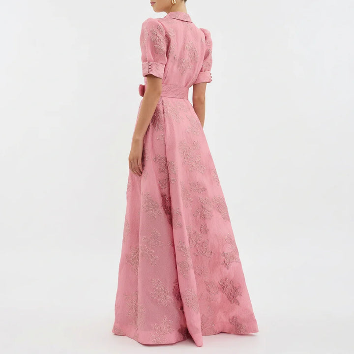 Matilde - Vestido Comprido Jacquard Floral Com Cinto