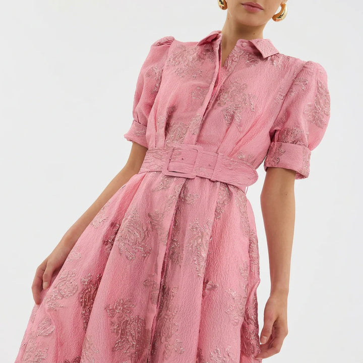 Matilde - Vestido Comprido Jacquard Floral Com Cinto