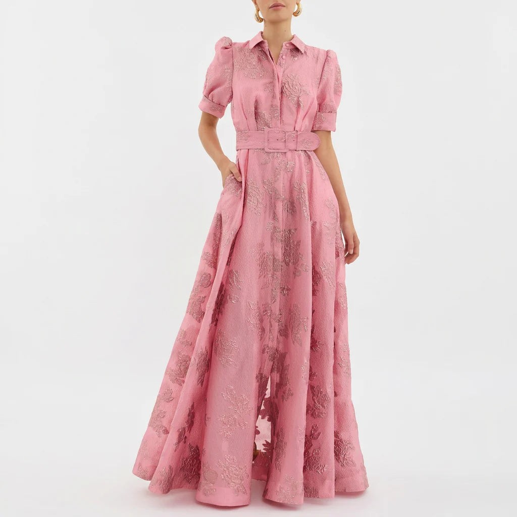 Matilde - vestido largo jacquard floral con cinturón