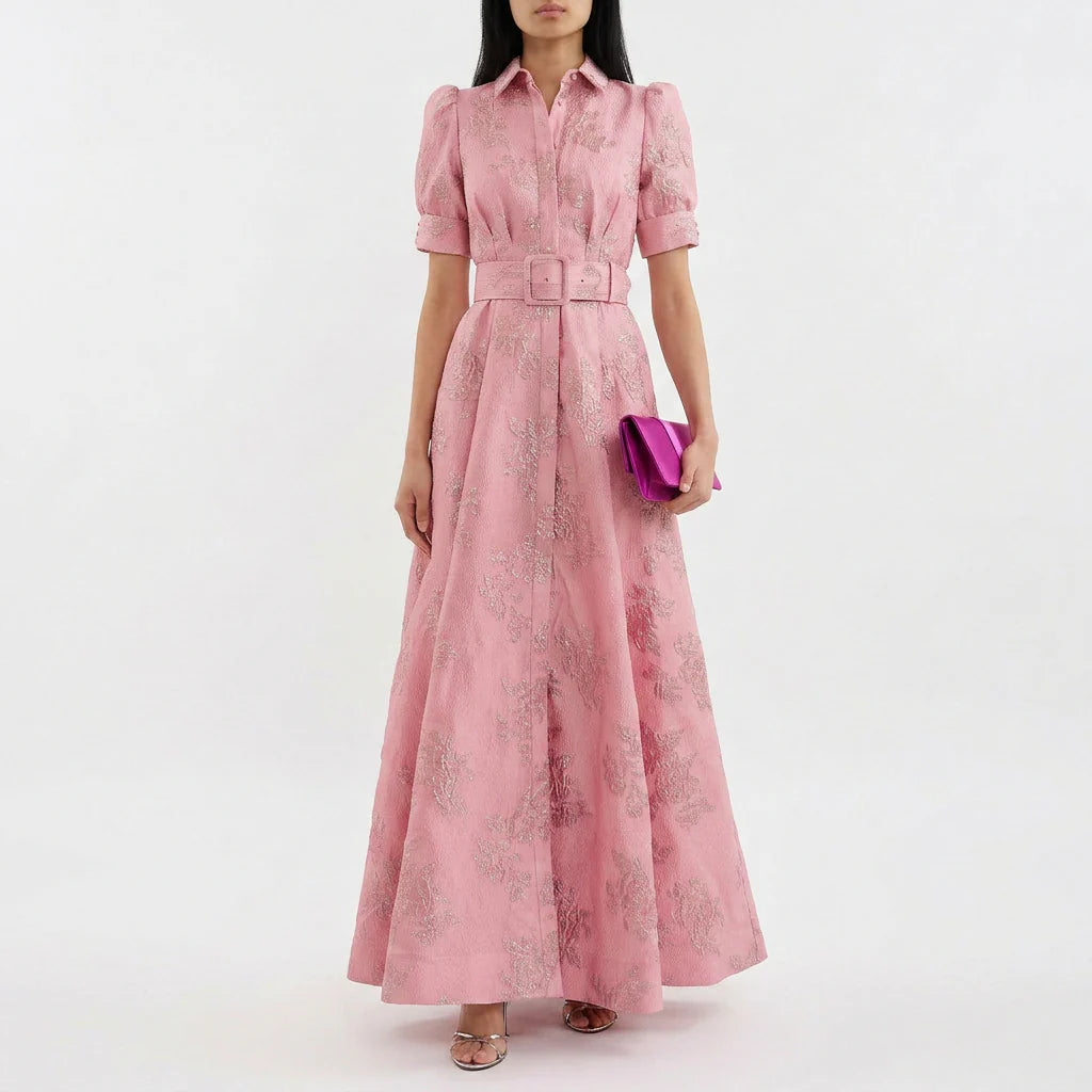 Matilde - vestido largo jacquard floral con cinturón