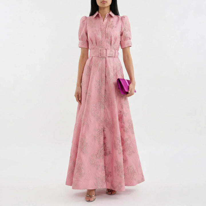 Matilde - Vestido Comprido Jacquard Floral Com Cinto