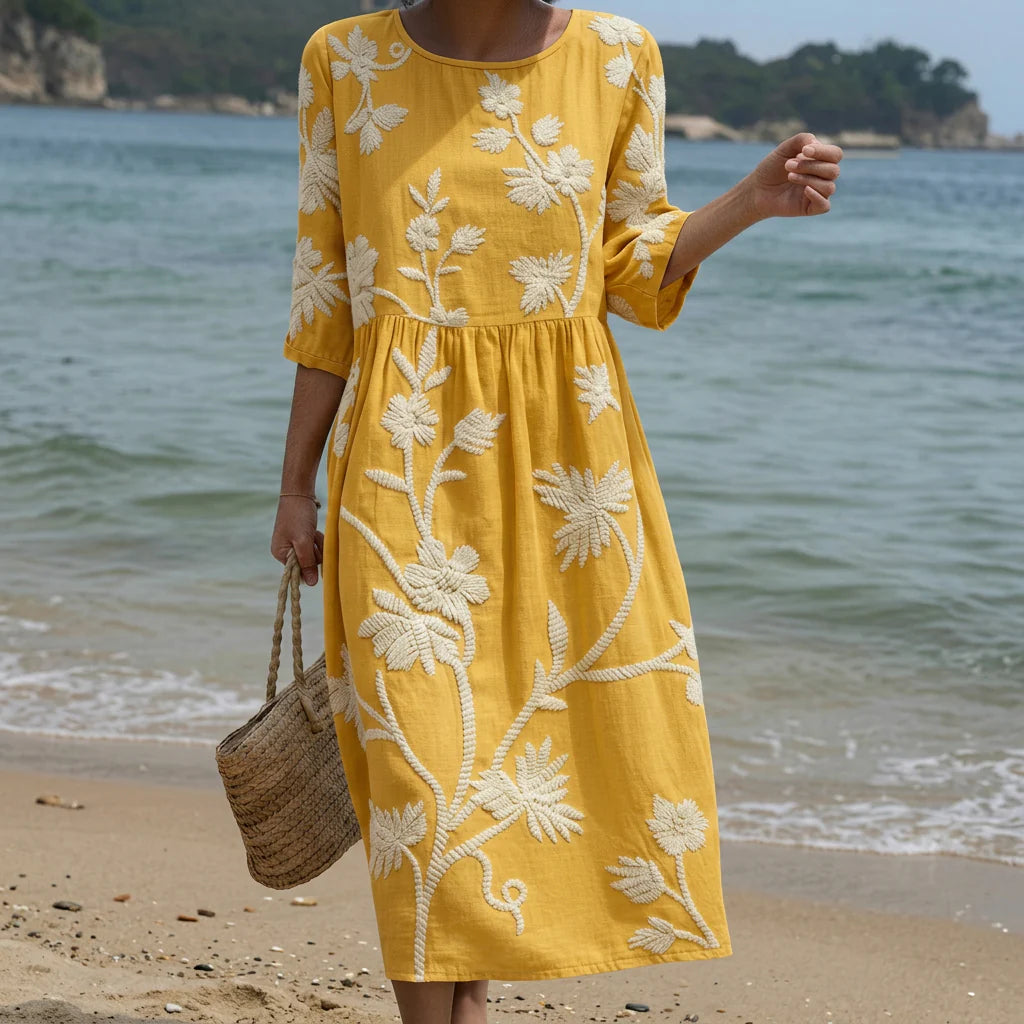 Iara - Vestido Midi Com Padrão de Plantas e Flores