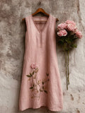 Vestido Camisero de Lino Sin Mangas con Rosa Rosa Vintage