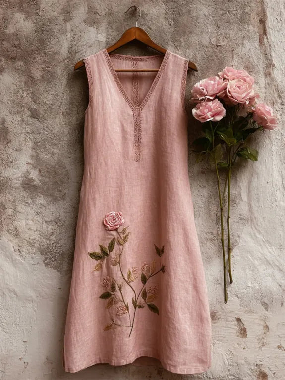 Vestido Camisero de Lino Sin Mangas con Rosa Rosa Vintage