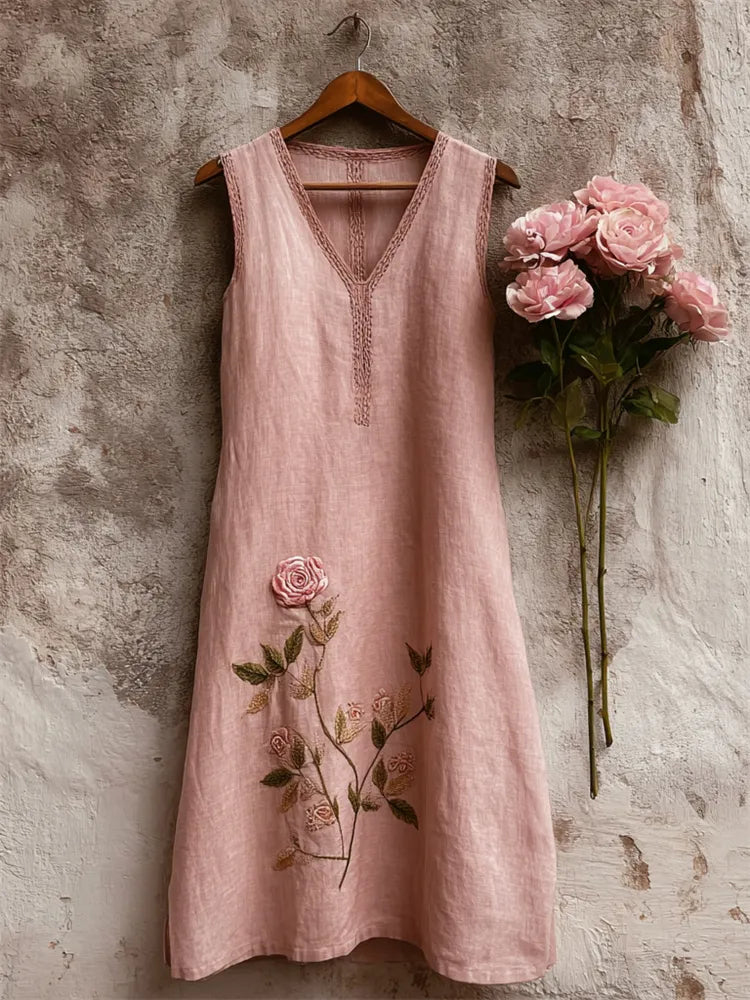 Vestido tank de lino vintage elegante con rosas rosas