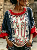 - CAMISETA LINO BORDADO FLORAL CONTRASTE