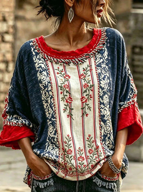 - CAMISETA LINO BORDADO FLORAL CONTRASTE
