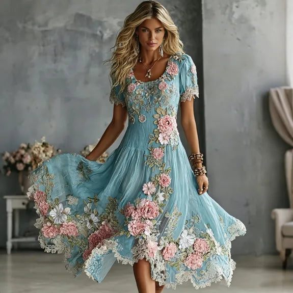 Vestido Maxi Casual Bohemio con Bordado Floral de Rosa Vintage