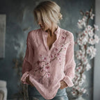 Camisa de lino de manga larga con bordado floral vintage para mujer