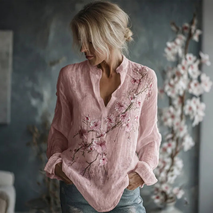 Camisa De Lino De Manga Larga Con Bordado Floral Vintage Para Mujer
