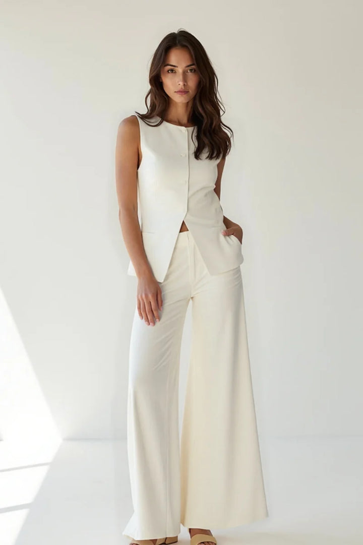 Button-Front Fitted Vest And Wide-Leg Pants Set